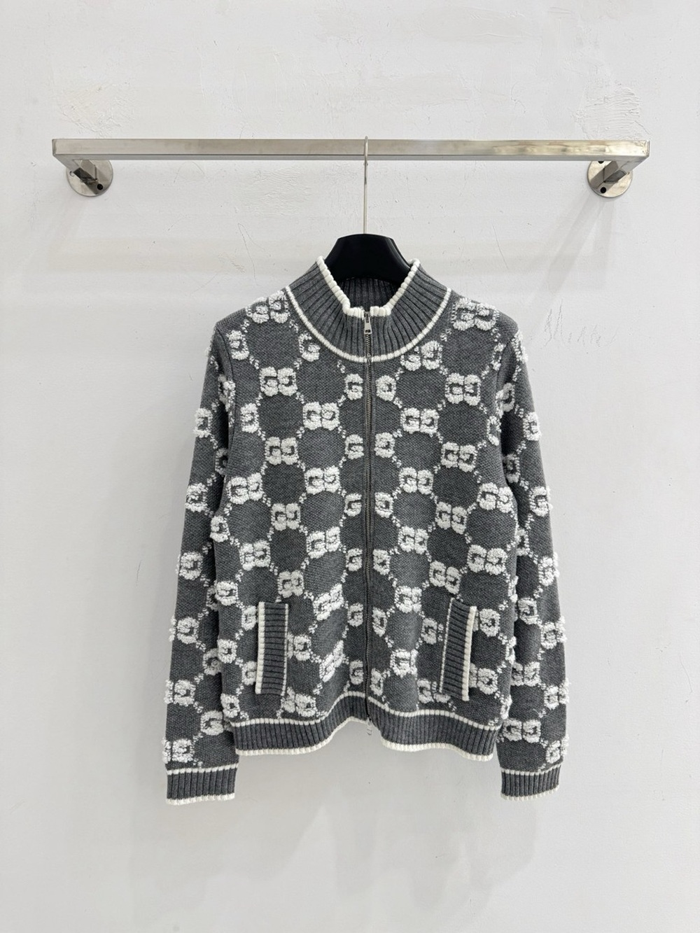 Gucci Grey GG Pattern Full Zip Knit Cardigan With Pockets